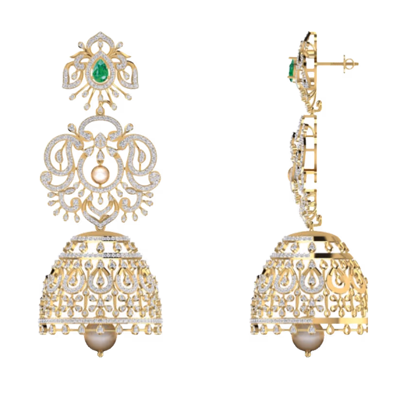 Heavy bridal chandelier earrings with diamond fan top and elongated pavé drop.