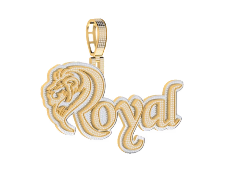 Royal cursive nameplate pendant with two-tone outline and lion-head crest.