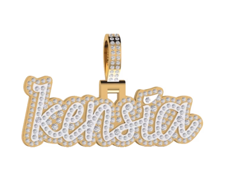 Cursive Kensia pavé nameplate pendant with milgrain border and double-pavé bail.