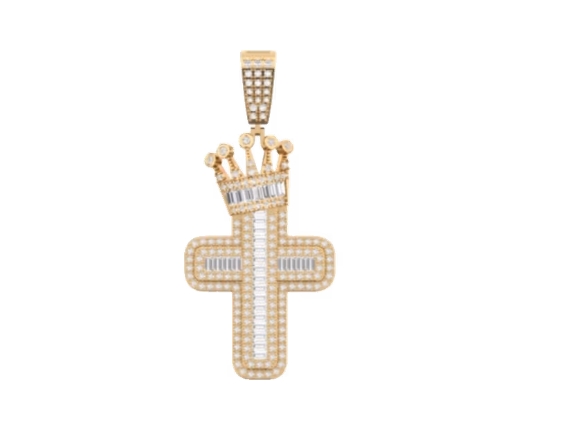 Iced cross pendant with crown topper and central baguette stripe inside fully pavé arms.