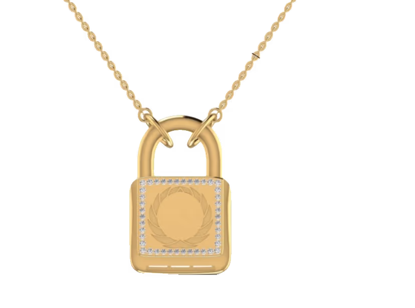Sculpted padlock pendant with engraved laurel medallion and pavé halo.