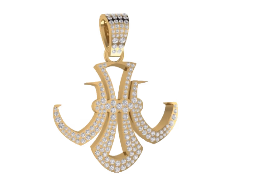 Pavé spear-cross hybrid pendant with curled wing detailing.