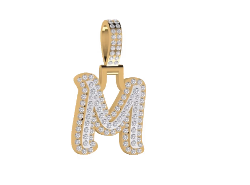 M two-tone block-letter monogram pendant with double-pavé outline.