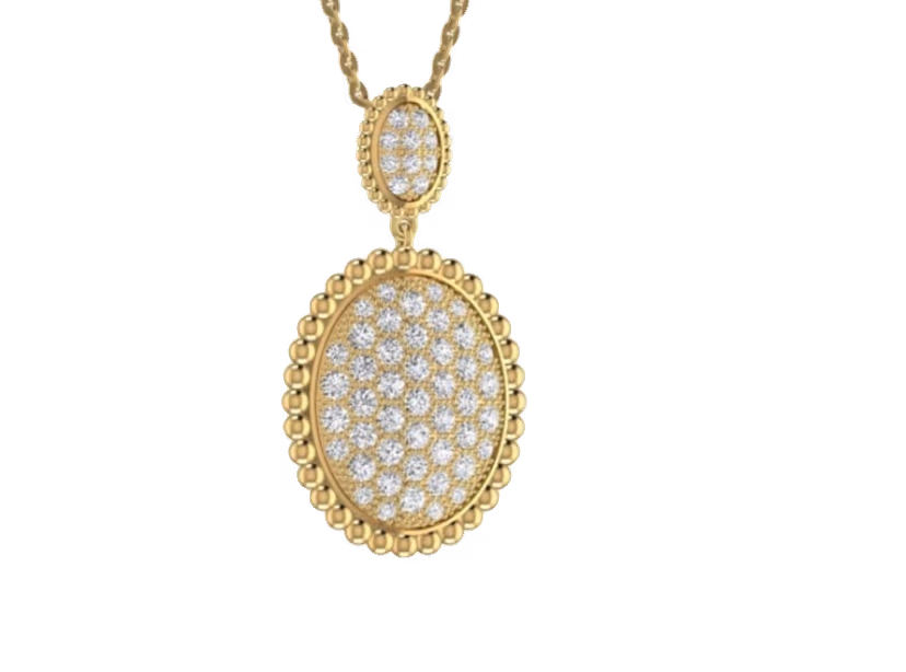 Oval pavé locket pendant with beaded gold border and matching small oval bail.