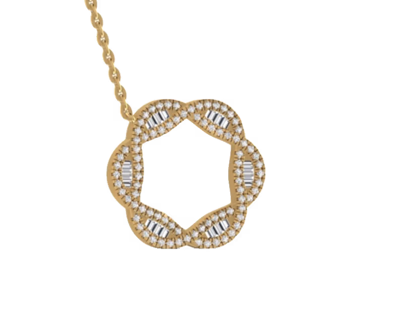 Five-petal cinquefoil pavé pendant with central baguette accents and open core.