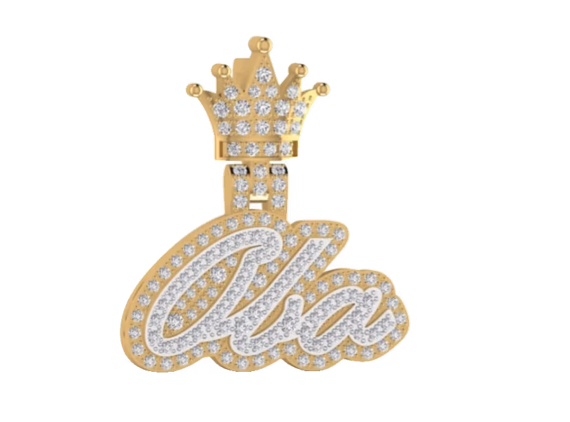 Cha cursive nameplate pendant with diamond crown topper and milgrain edge.