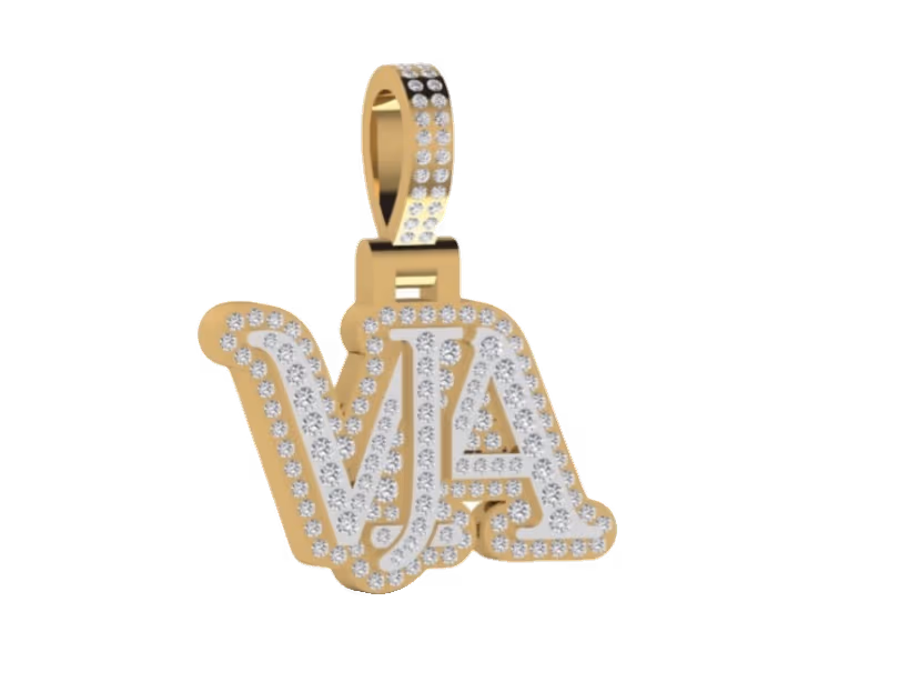 VA two-tone block-letter monogram pendant with pavé outline.