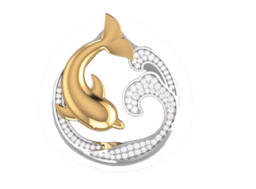 Round dolphin and ocean wave pendant with two-tone gold body and pavé crest.