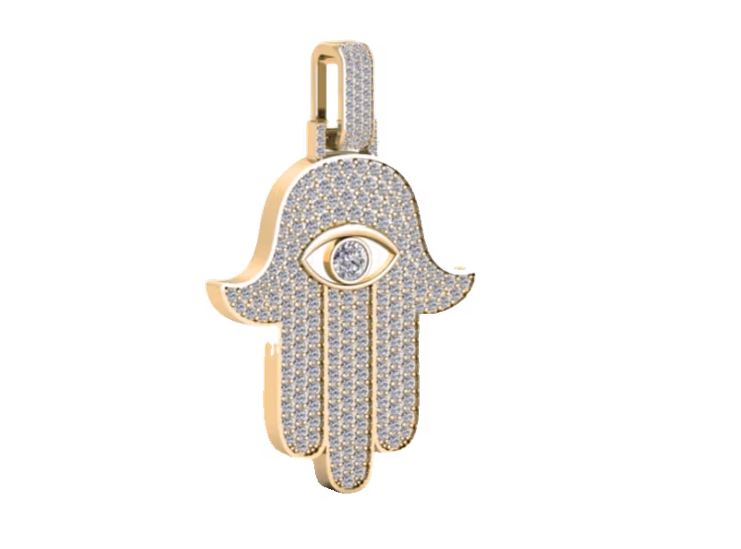 Pavé hamsa hand pendant with central evil-eye stone and matching pavé bail.