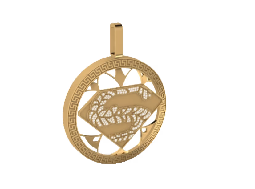Round Greek-key bordered medallion with Superman shield and lion of Judah relief.