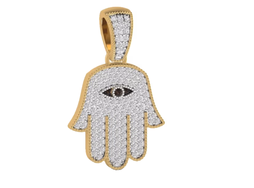 Pavé hamsa hand pendant with central evil-eye and milgrain-edged border.