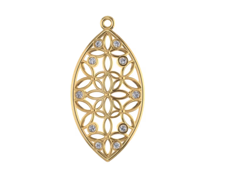Marquise-shape lattice pendant with floral openwork and bezel-set diamond accents.