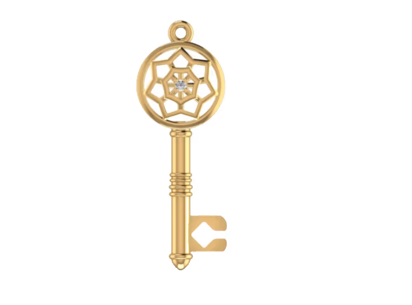 Vintage key pendant with rosette pavé bow and ribbed shaft.