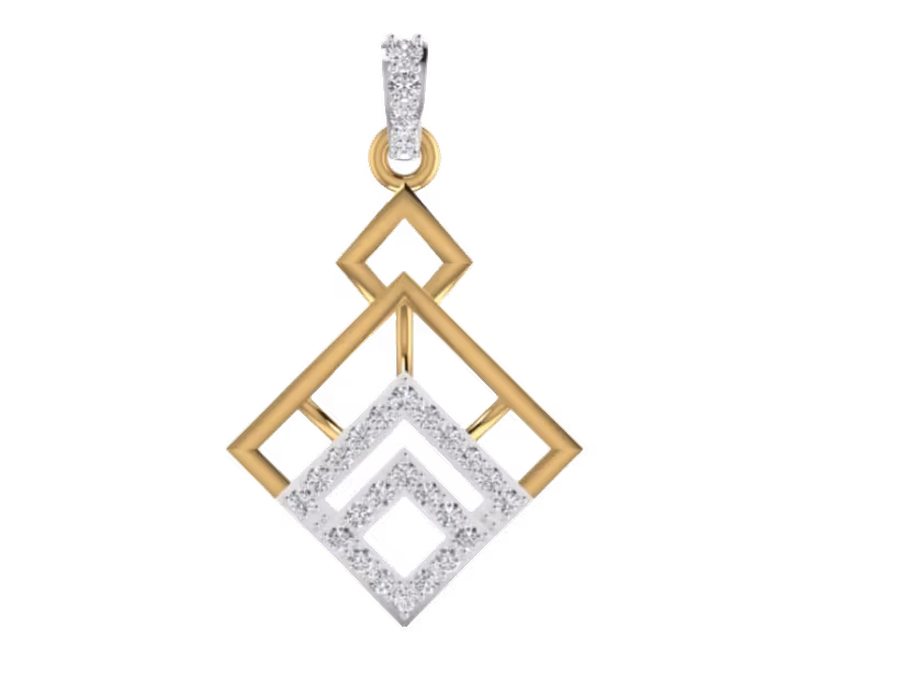 Two-tone diamond geometric pendant with stepped pavé V form and bezel bail.