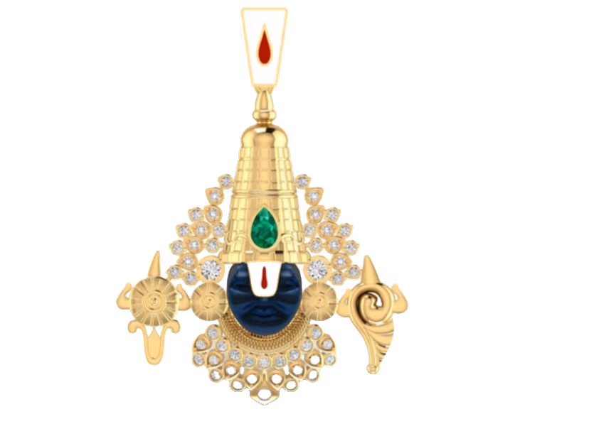 Tirupati Balaji deity pendant with emerald centre and blue cabochon face.
