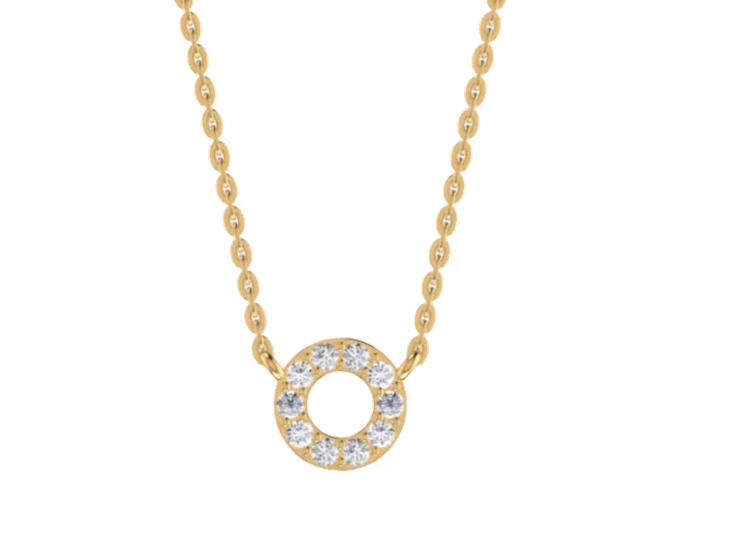 Open circle pavé halo pendant with hollow centre on cable chain.