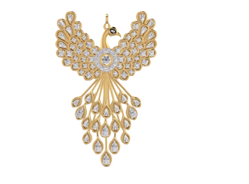Spread-wing peacock pendant with diamond-set feathered tail.