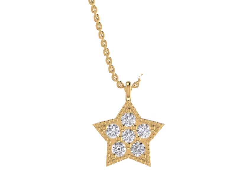 Five-point star pendant with five round diamonds inside a milgrain border.