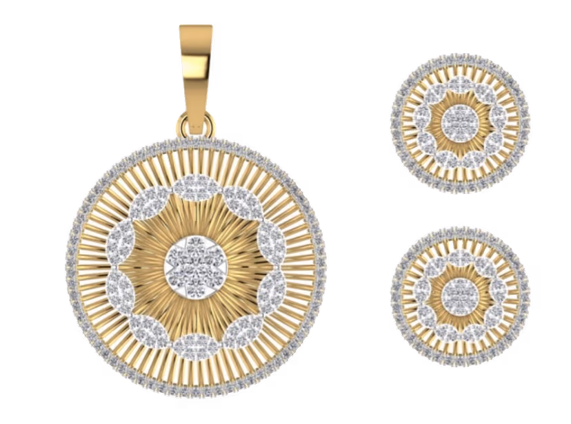 Sunburst medallion pendant with rayed gold spokes and central pavé floral cluster.
