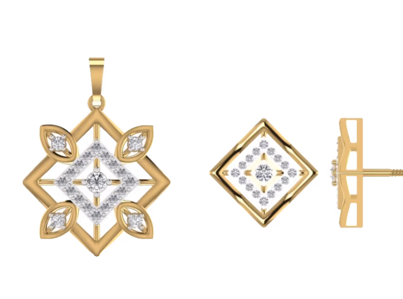 Tilted square pendant with marquise leaf corners and pavé inner diamond.