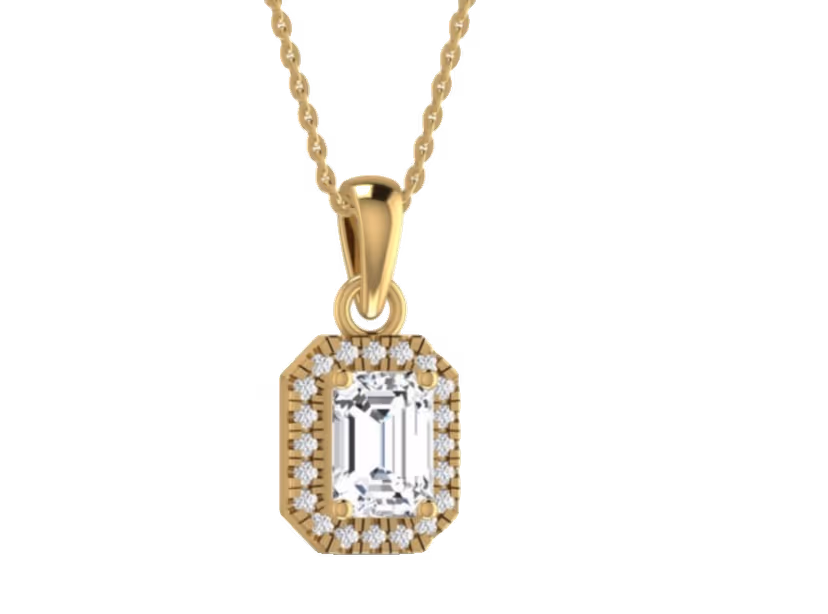 Emerald-cut solitaire pendant with pavé halo on cable chain.
