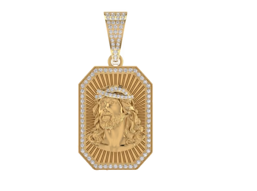 Octagonal Christ portrait pendant with rayed gold backdrop and pavé border.