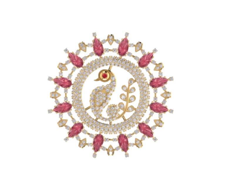 Round mandala medallion with ruby marquise petals around peacock relief centre.