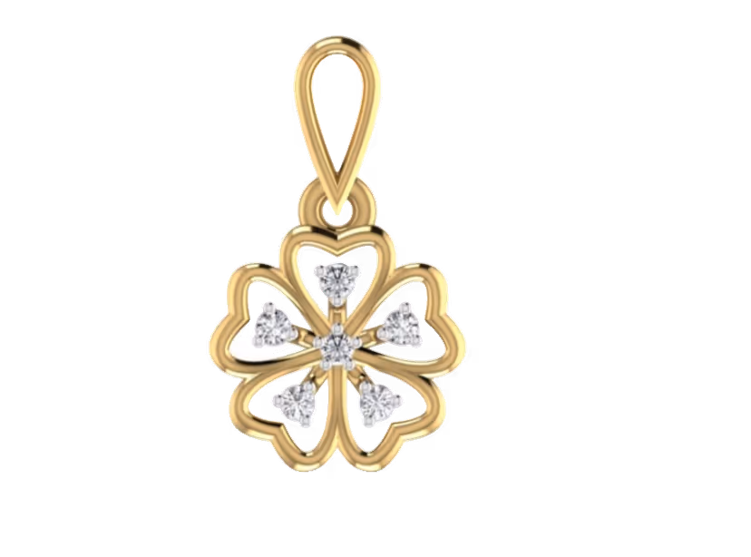 Open clover pendant with diamond accents inside floating gold petals.