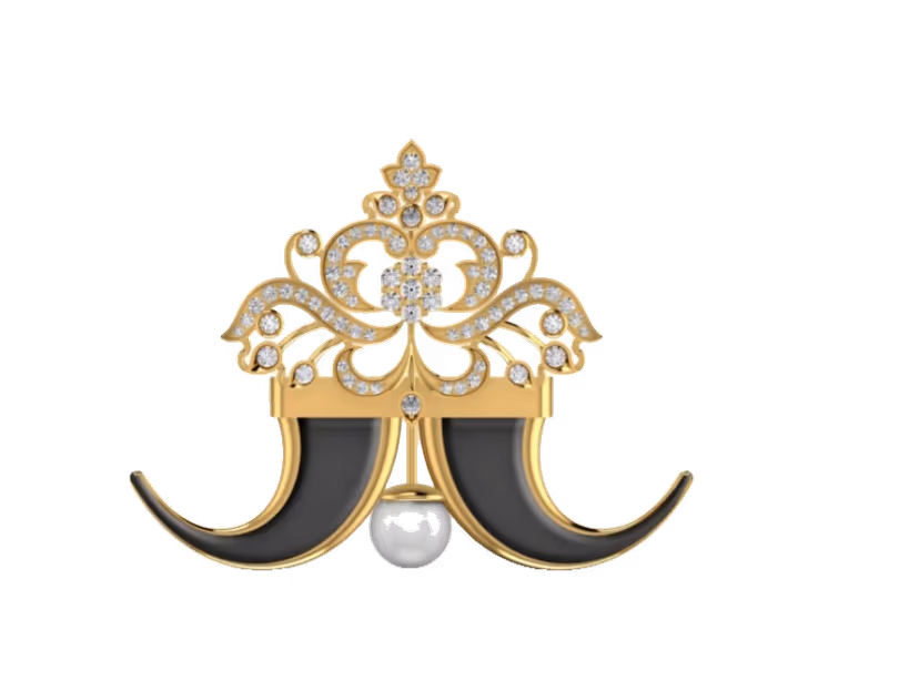 Crown topper pendant with onyx tiger-tooth horns and central pearl drop.
