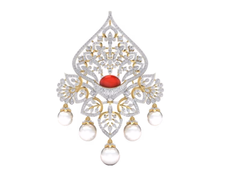 Bridal spade pendant with ruby cabochon centre, pearl drops and dense diamond filigree.