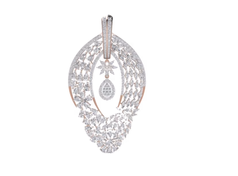 Two-tone marquise leaf-eye pendant with central pavé teardrop.