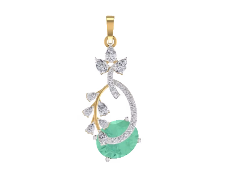 Pear emerald centre pendant with diamond floral spray and three-stone topper.