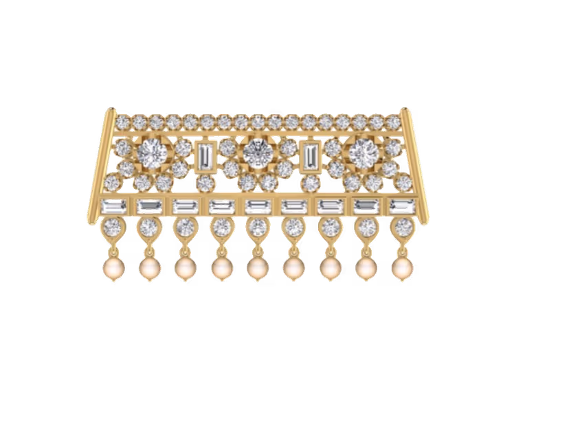 Mangalsutra horizontal bar pendant with three round clusters and pearl fringe drops.