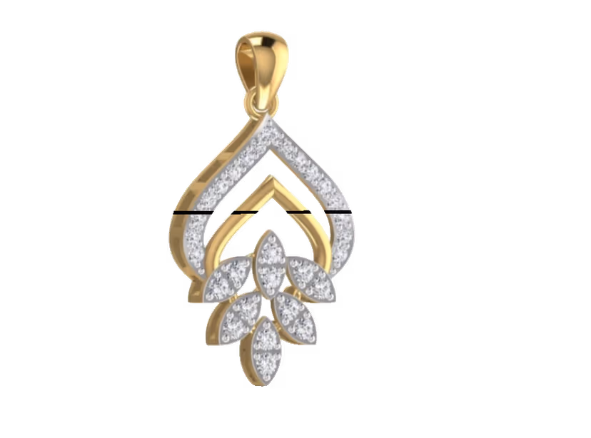 Two-tone arrowhead shield pendant with pavé V tip and marquise leaves below.