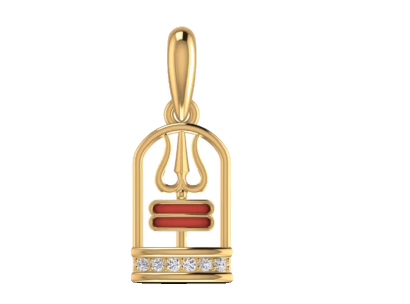 Hindu Shiva trishul pendant with red enamel tilak and pavé base bar.
