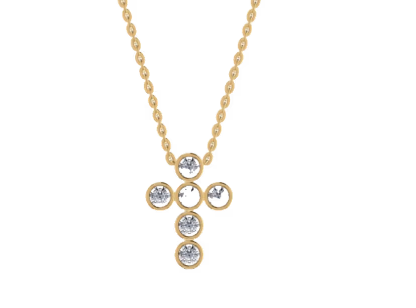 Six-bezel round cluster cross pendant on cable chain.