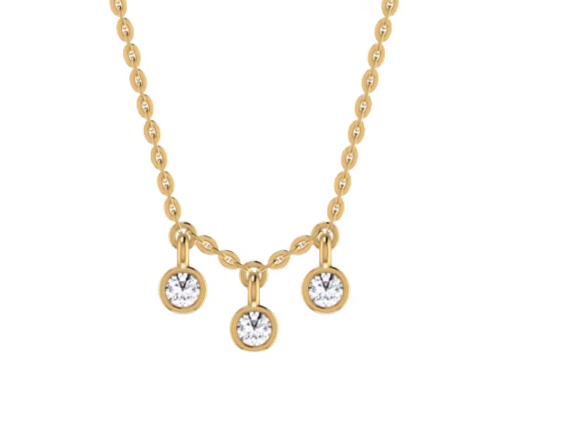 Triple-bezel round drop pendant suspended from a cable chain.
