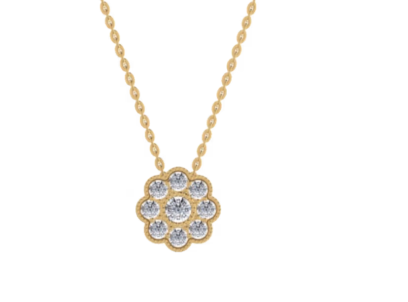 Seven-bezel cluster flower pendant with milgrain border.
