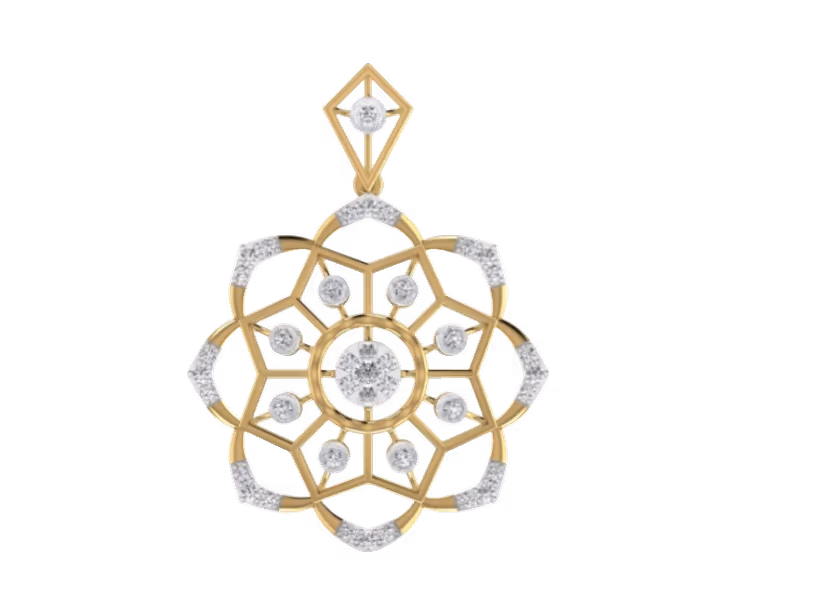 Eight-petal mandala openwork pendant with bezel-set rounds and pavé tips.