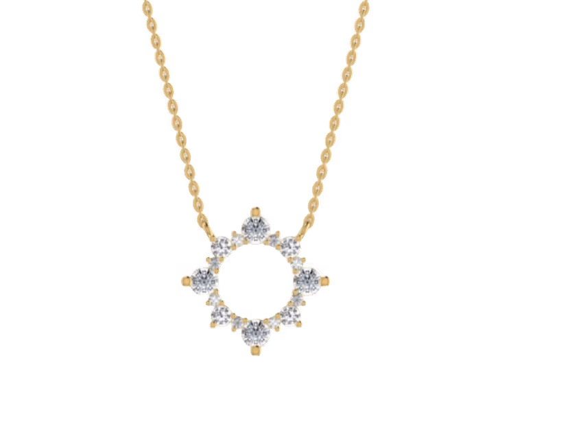 Open eight-point starburst frame of bezel-set rounds with chain through the centre.