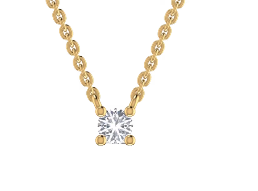 Single round prong-set solitaire on a slim cable bar pendant.