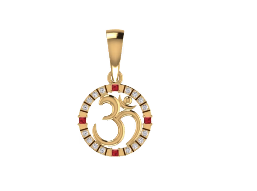 Round Om symbol pendant with ruby princess accents in a pavé halo.