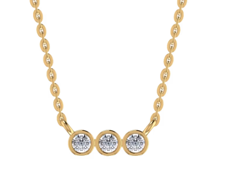 Three bezel-set rounds in a horizontal mini-bar pendant on cable chain.