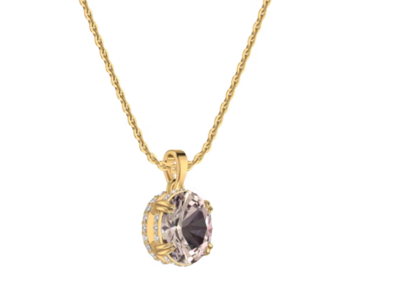 Round morganite solitaire pendant with pavé halo and prong-set bail.