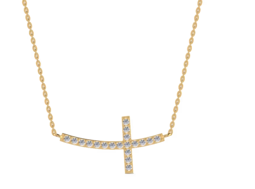 Sideways pavé cross pendant on cable chain with milgrain edges.