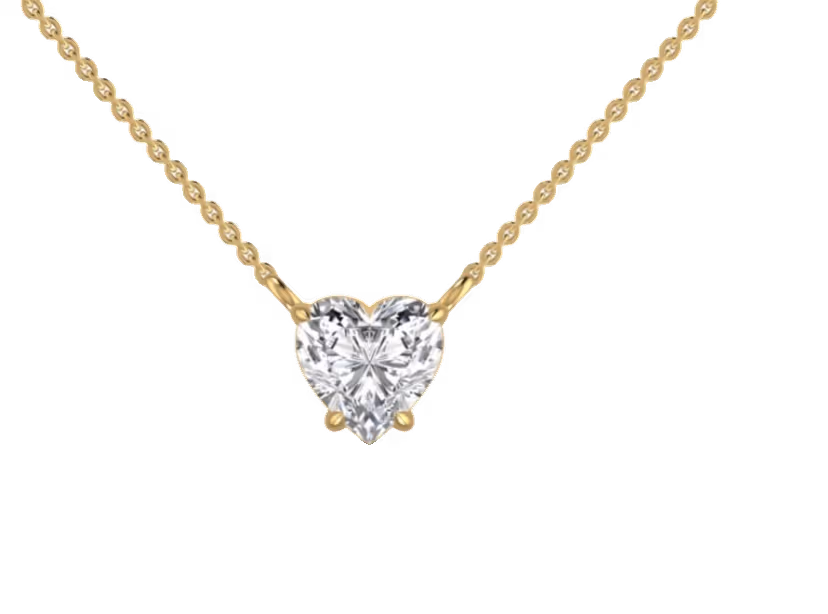 Heart-cut diamond solitaire pendant with three-prong setting on cable chain.