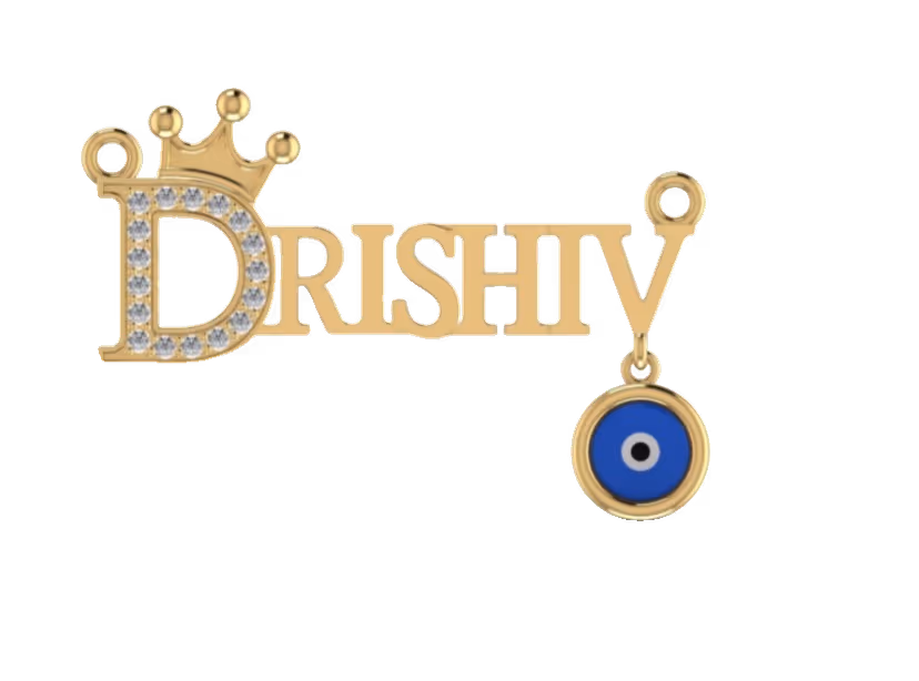 Crowned DRISHIV name pendant with dangling blue evil-eye charm.