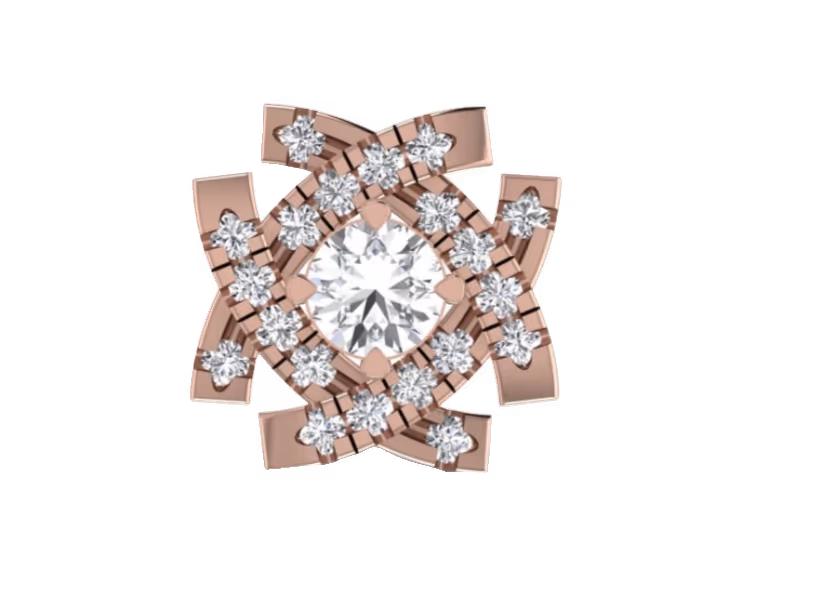 Rose-gold square trellis pendant with central round and pavé starburst corners.