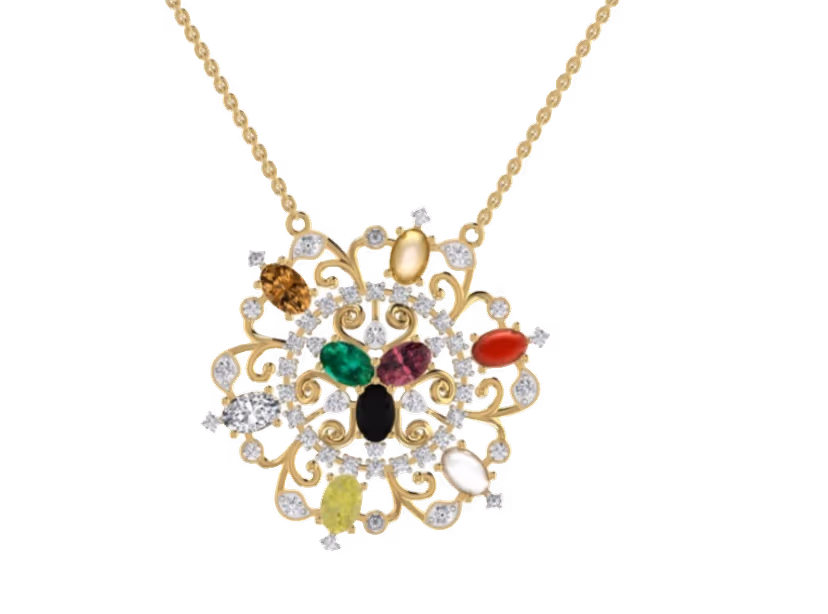 Round Navratna nine-stone pendant with all gem types in a scrollwork frame.