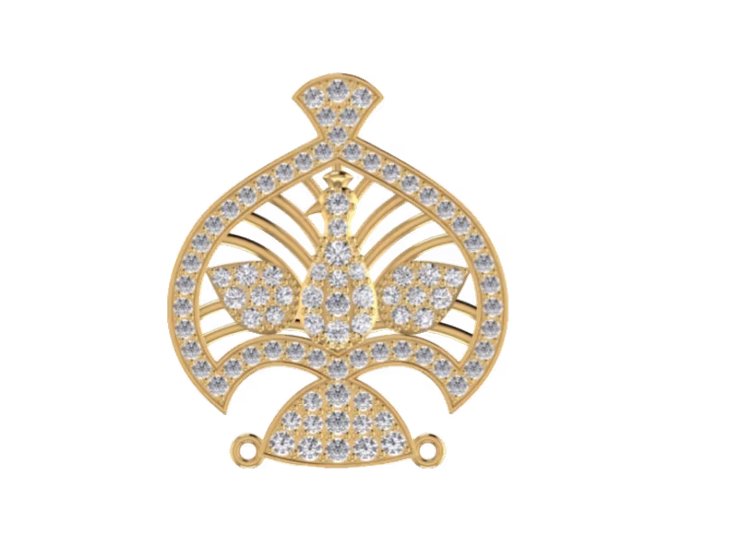 Tear-drop pavé peacock pendant with spread-tail design on twin loops.